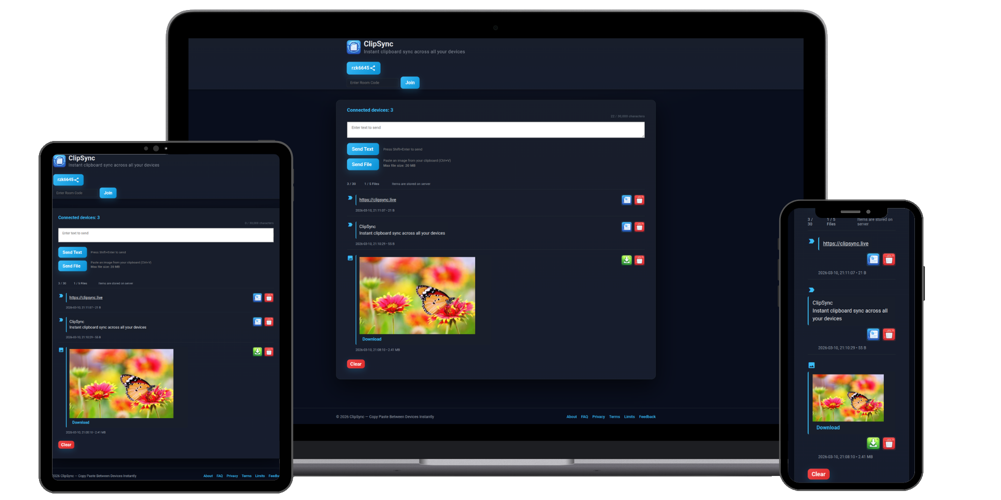 ClipSync interface across laptop, tablet, and phone